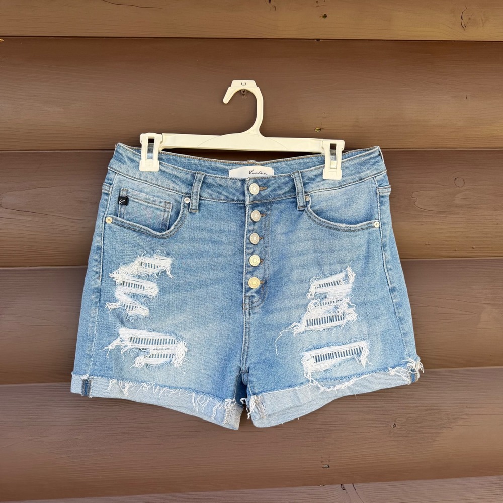 KanCan Denim Shorts Women 11/29 Blue Distressed High Rise Button Fly